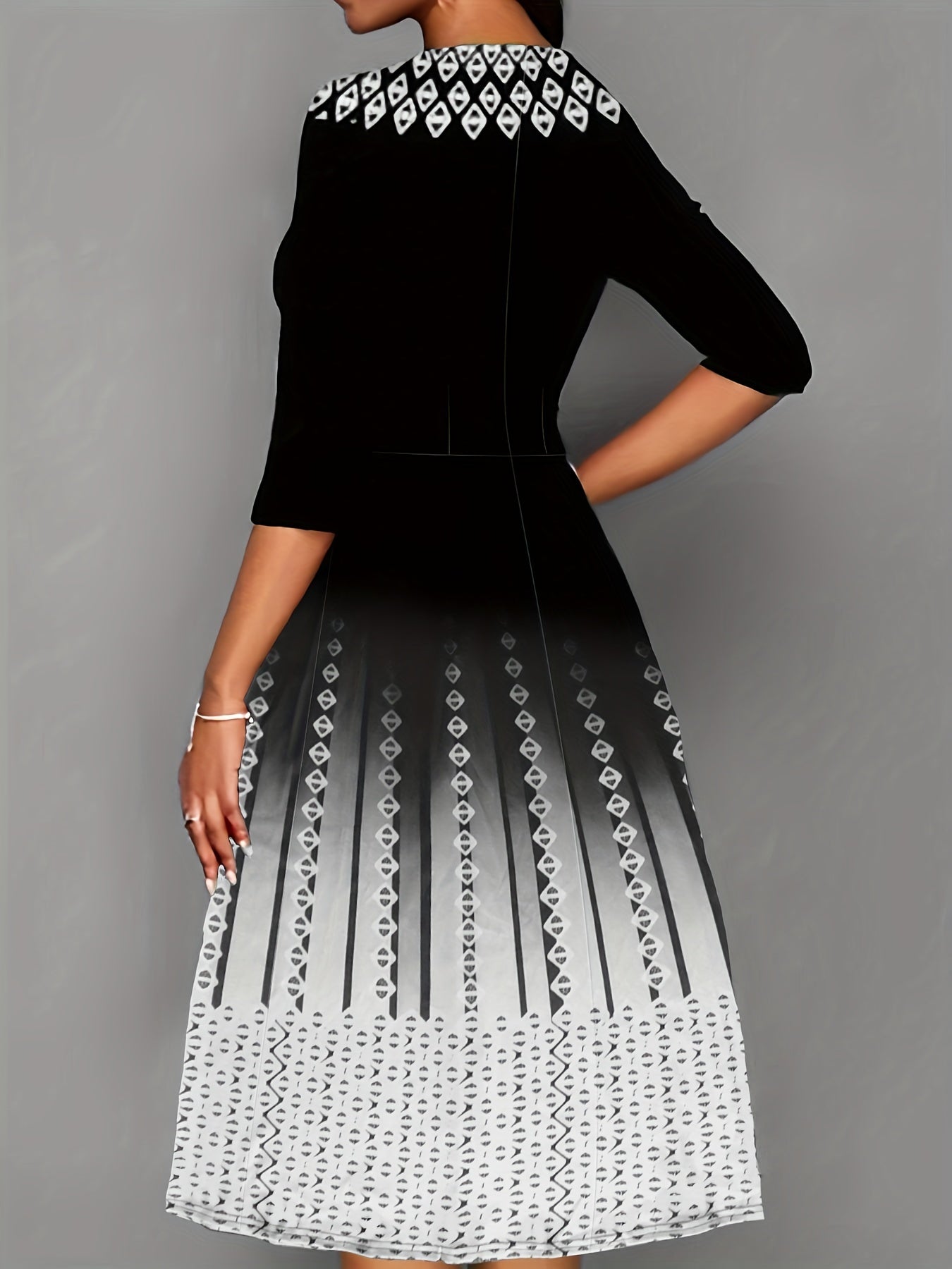 Argyle Print Color Block Dress, Casual Crew Neck Half Sleeve Midi Dress
