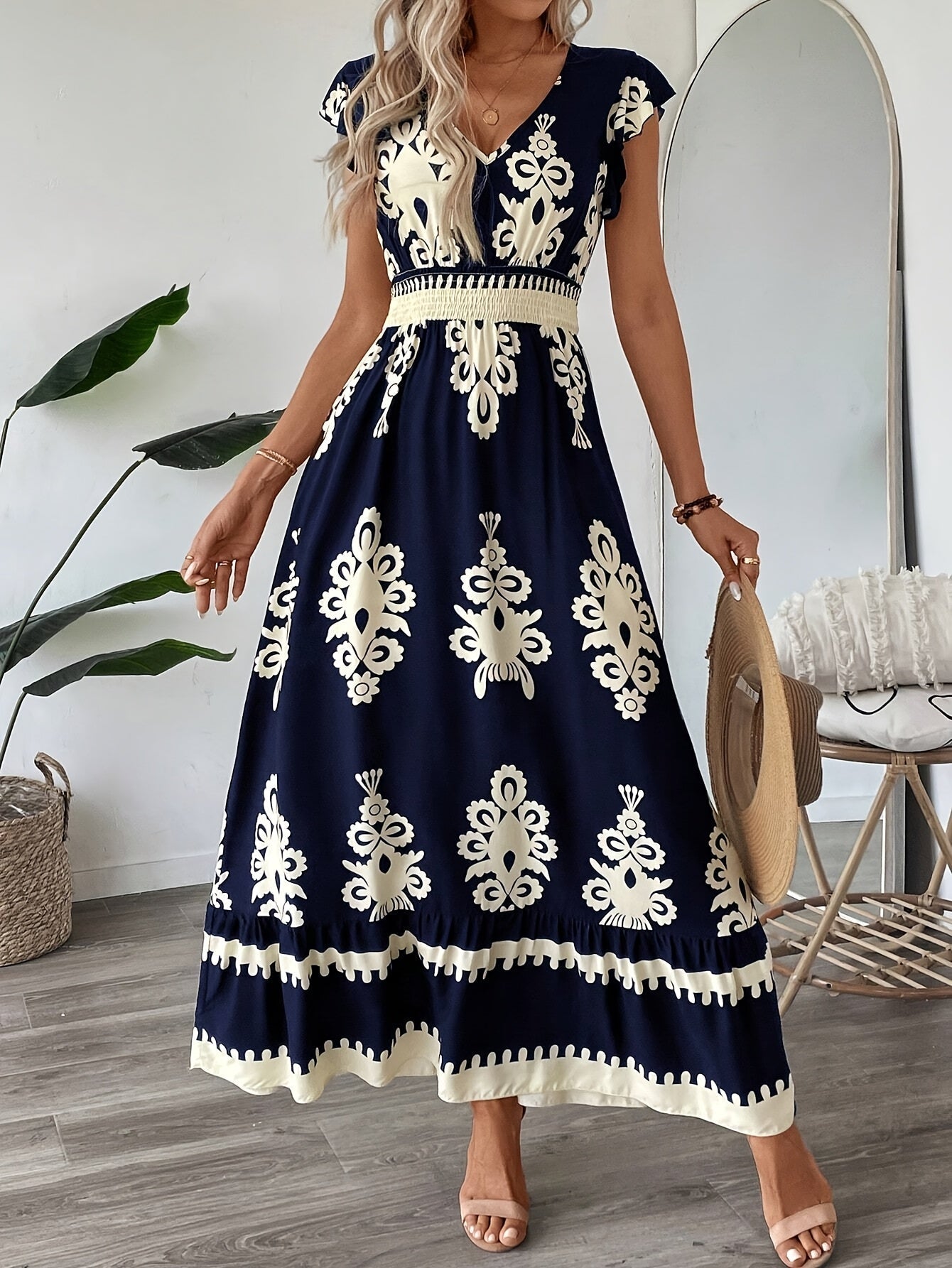 Women's Navy Blue Floral Print V-Neck A-Line Dress with Ruffled Cap Sleeves