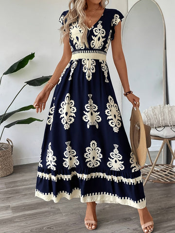 Women's Navy Blue Floral Print V-Neck A-Line Dress with Ruffled Cap Sleeves