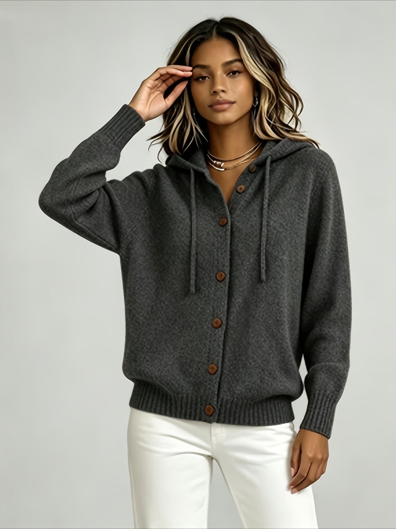 Solid Color Casual Hooded Cardigan Coat with Buttons