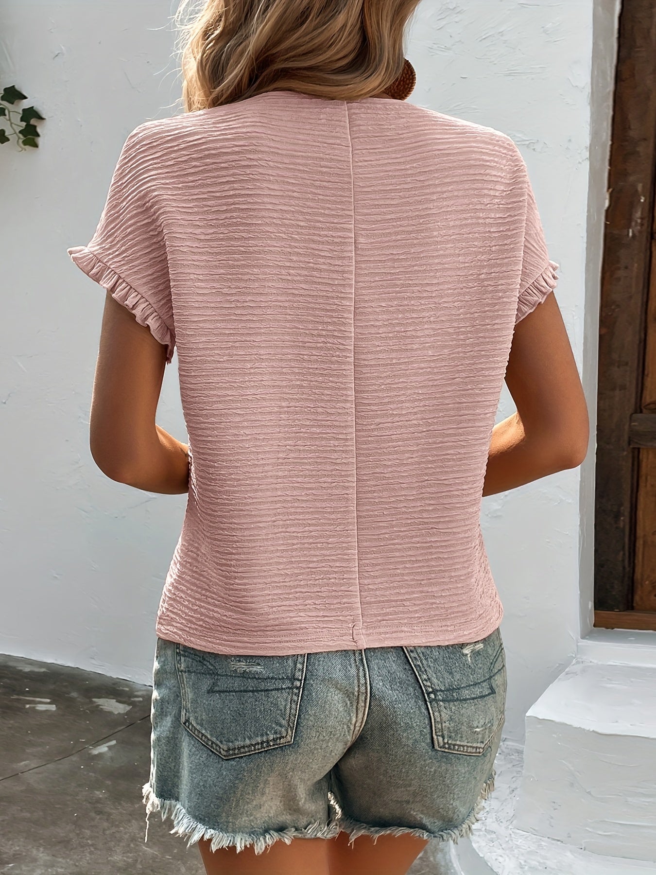 Solid Lettuce Trim T-shirt, Casual Crew Neck Short Sleeve Summer T-shirt