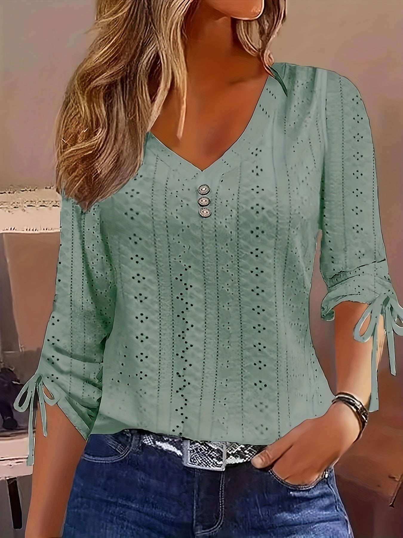 Women's Solid Eyelet Embroidery Ruched Tie Long Sleeve Button Decor V Neck Slight Stretch Top