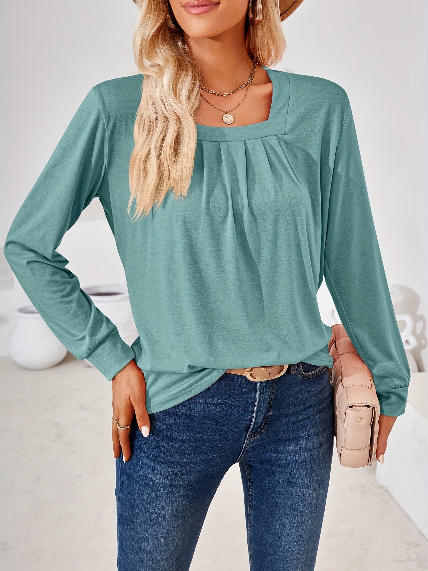 Solid Square Long Sleeve T-Shirt, Casual T-Shirt
