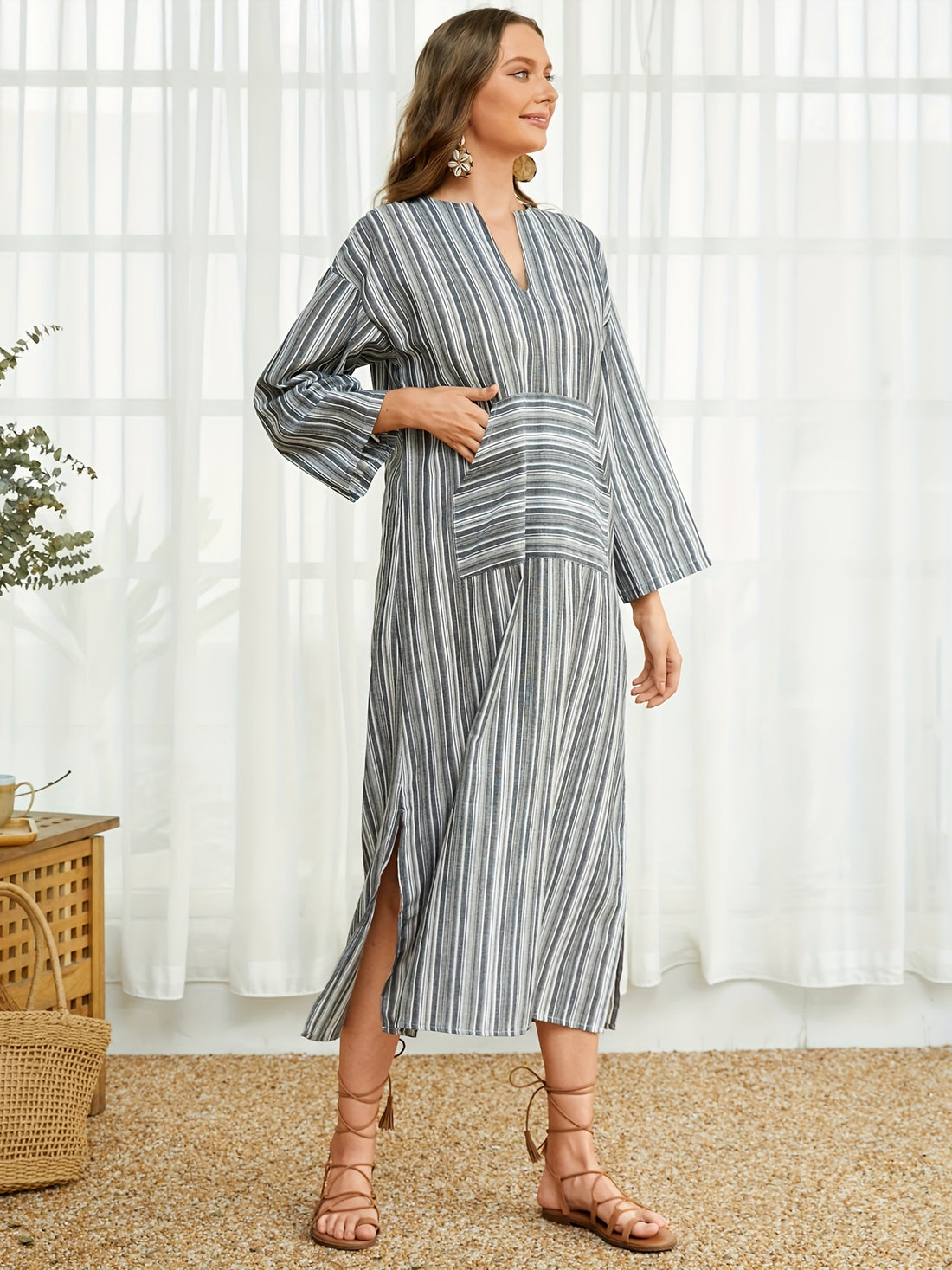 Striped Print Long Sleeve Dress - Relaxed Casual Style with Notch Neck