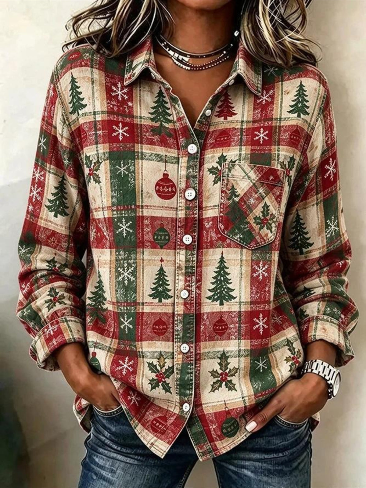 Christmas Snowflake & Tree Patterns Long Sleeve Plain Regular Micro-Elasticity Regular Fit Shirt