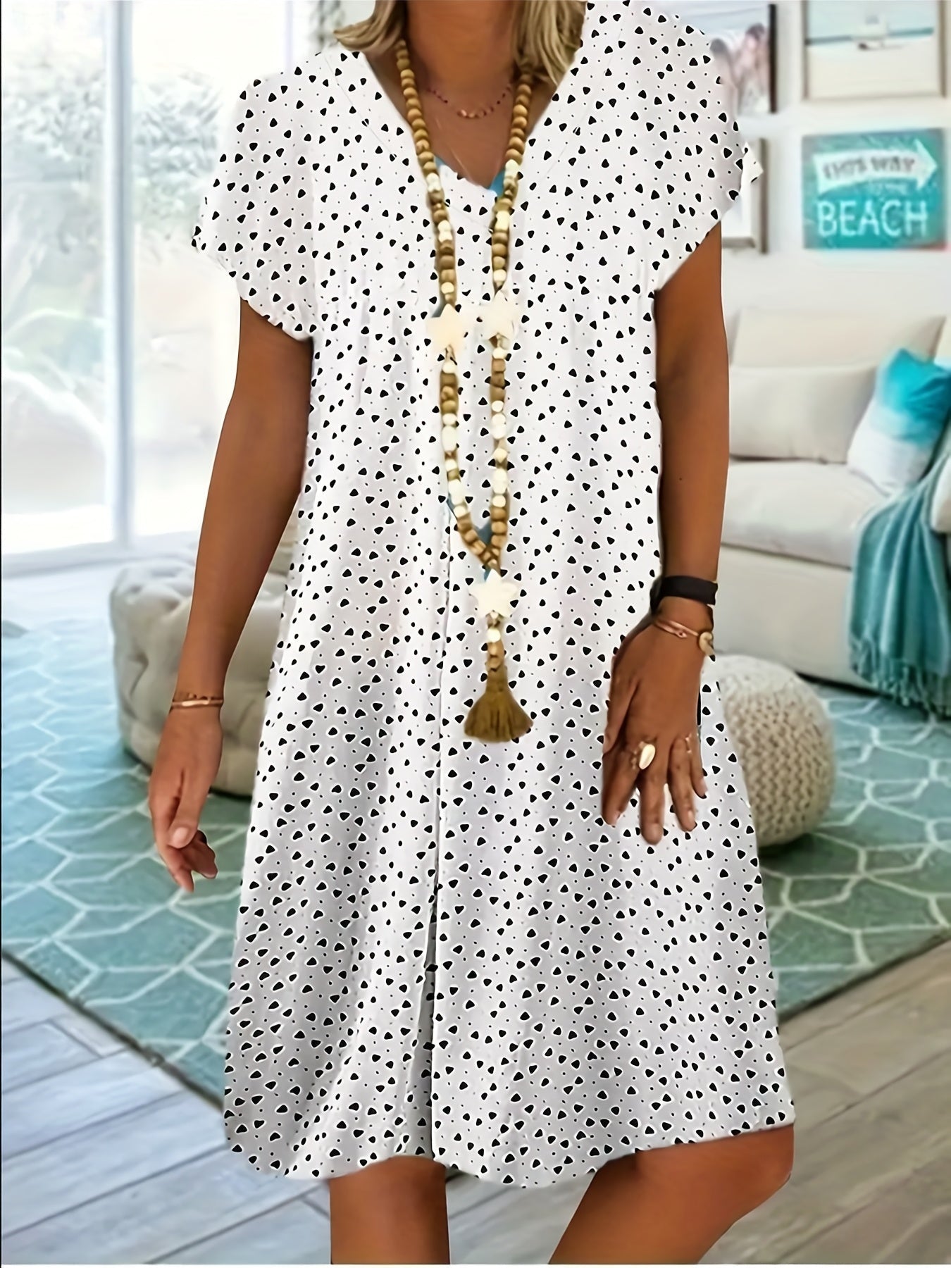 Polka Dot & Heart Print Dress, Casual V Neck Short Sleeve Dress