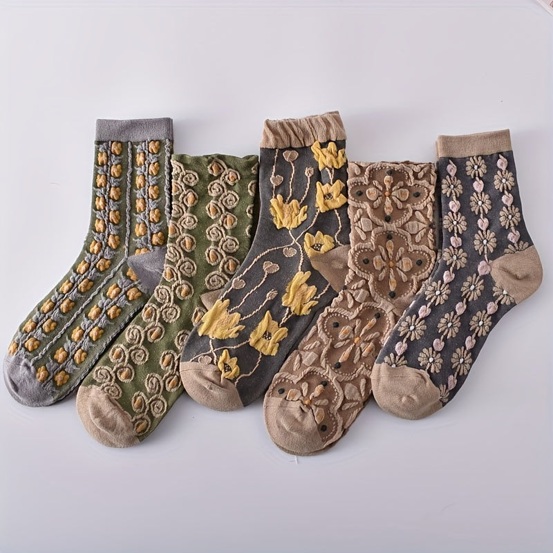 5 Pairs 3D Floral Textured Socks, Retro Court Style All-match Socks