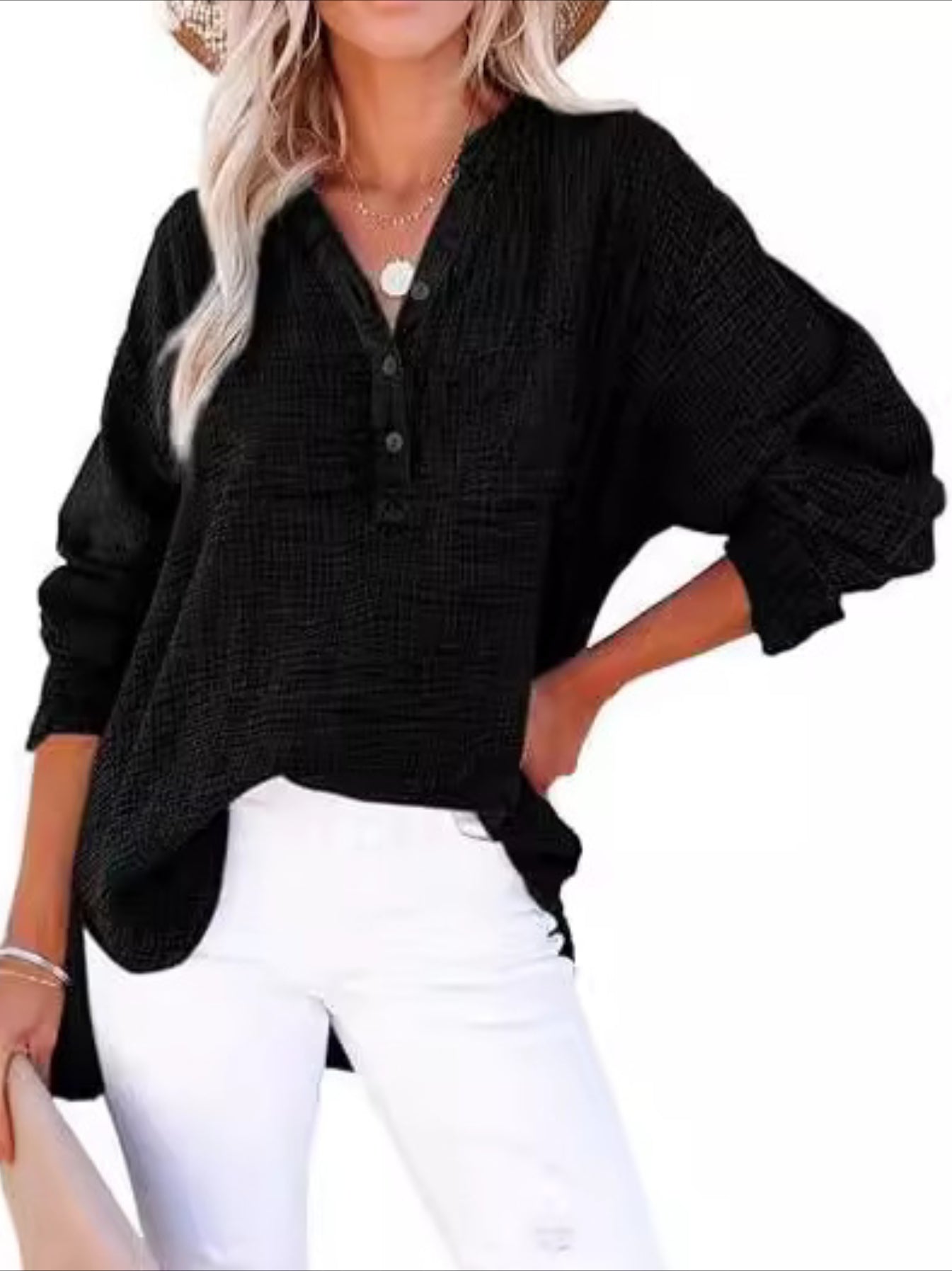 Long Sleeve Button Solid Color Pleated Detail Casual Oversized V-Neck Blouse