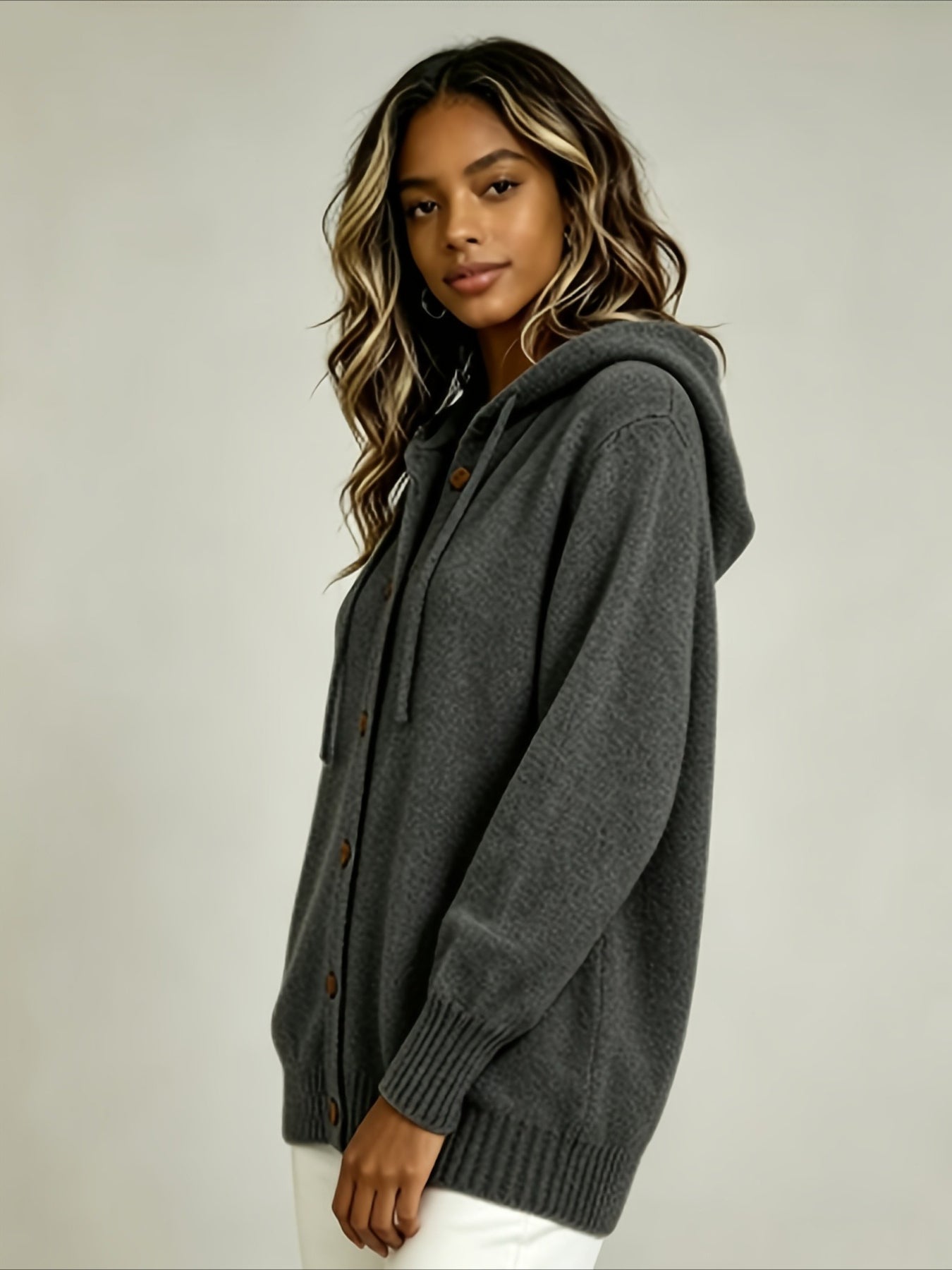 Solid Color Casual Hooded Cardigan Coat with Buttons