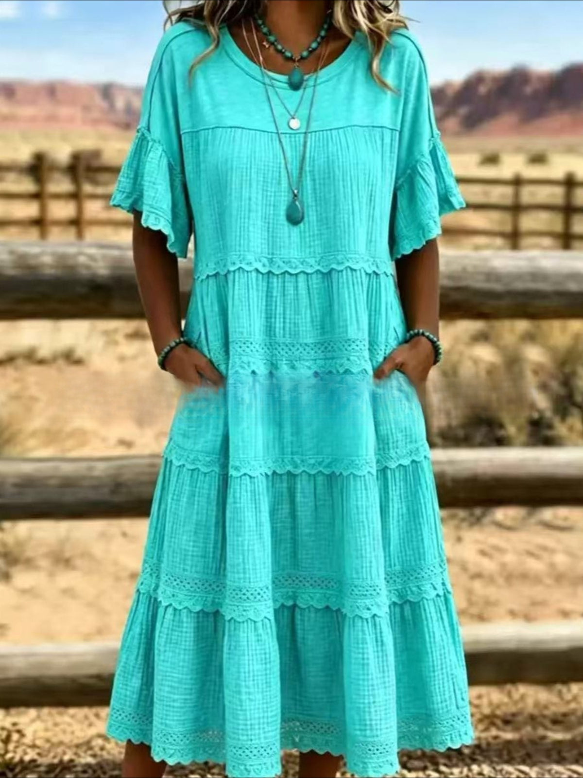 Round Neck Flutter Sleeve Lace Trim Tiered Midi Dress with Pockets