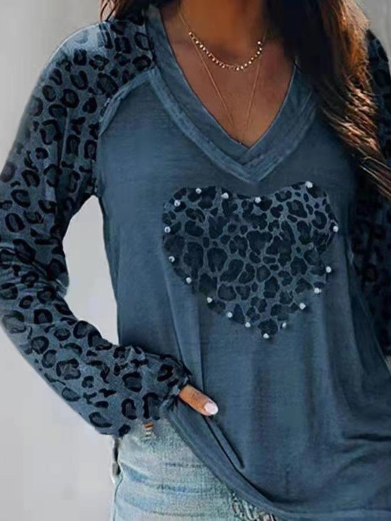 Plaid Heart Print V Neck T-Shirt, Casual Long Sleeve Top