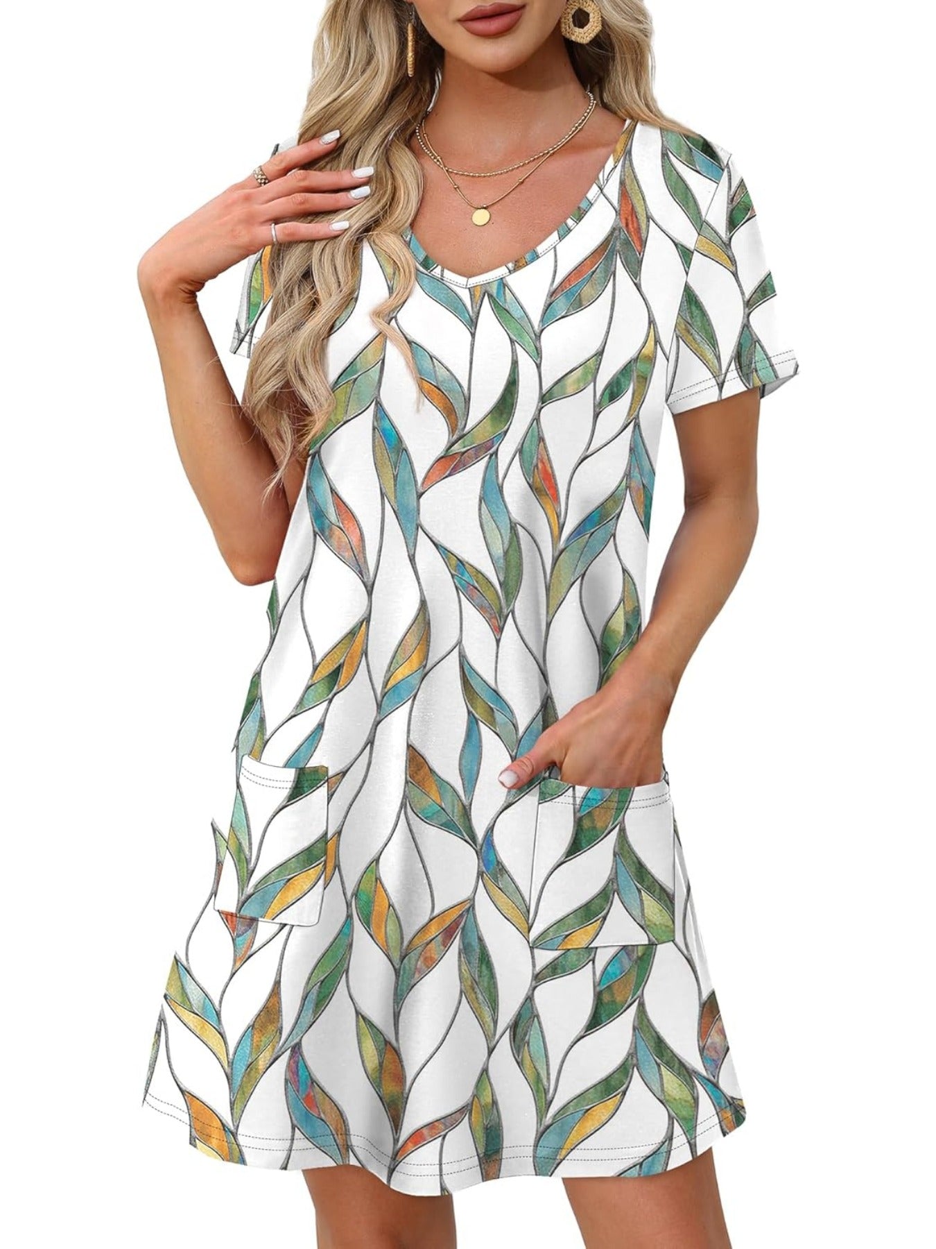 Loose V Neck Short Sleeve Casual T Shirt Dress