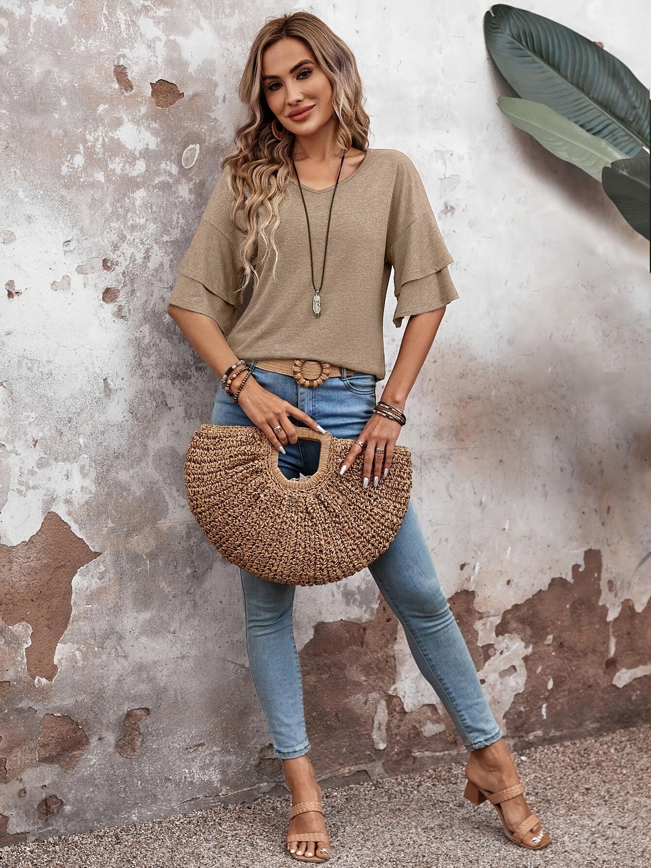 Casual Solid Color Flare Sleeve V Neck T-Shirt