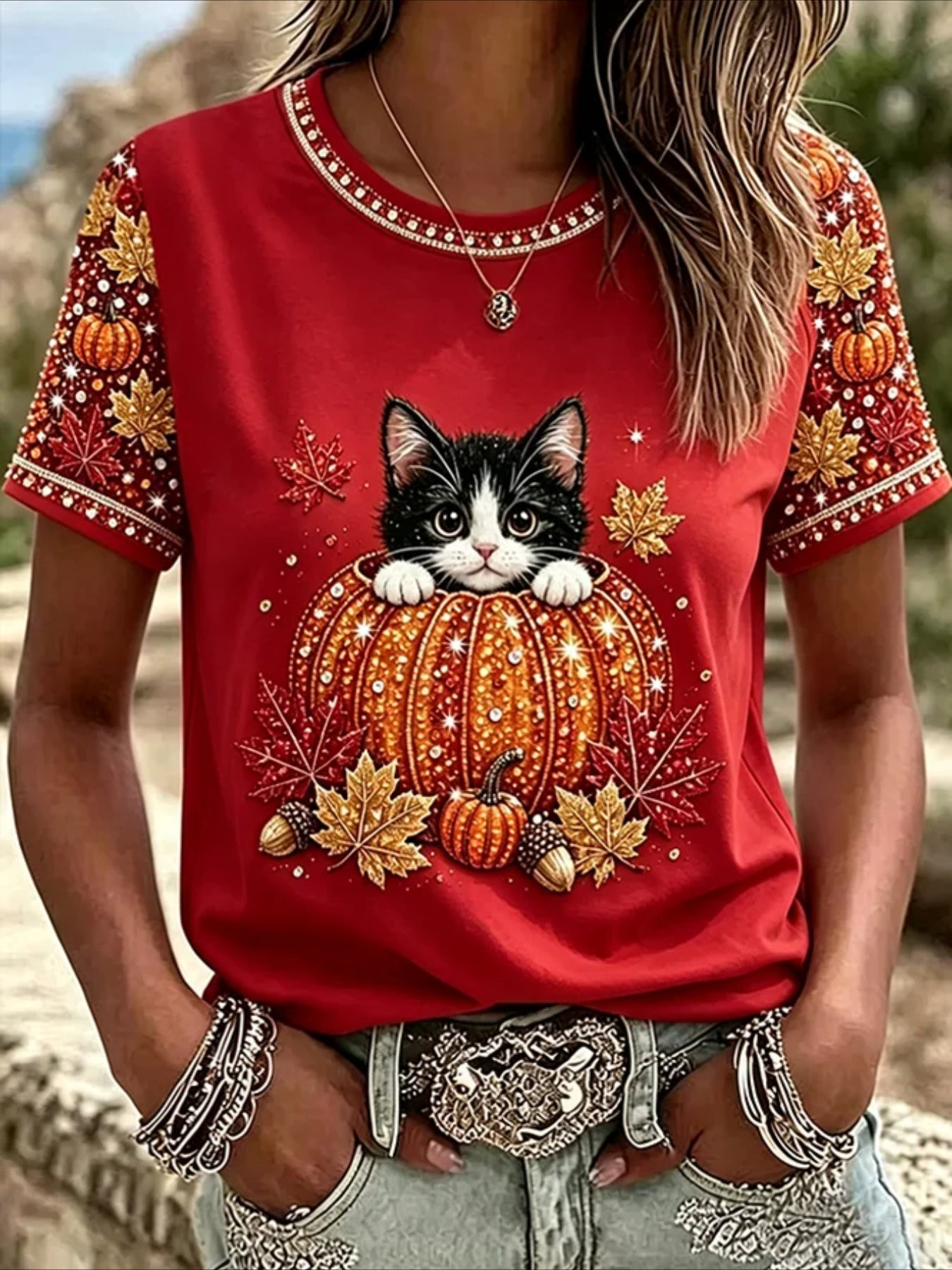 100% Cotton Casual Orange Maple Leaf Printing Crew Neck Short Sleeve T-shirt