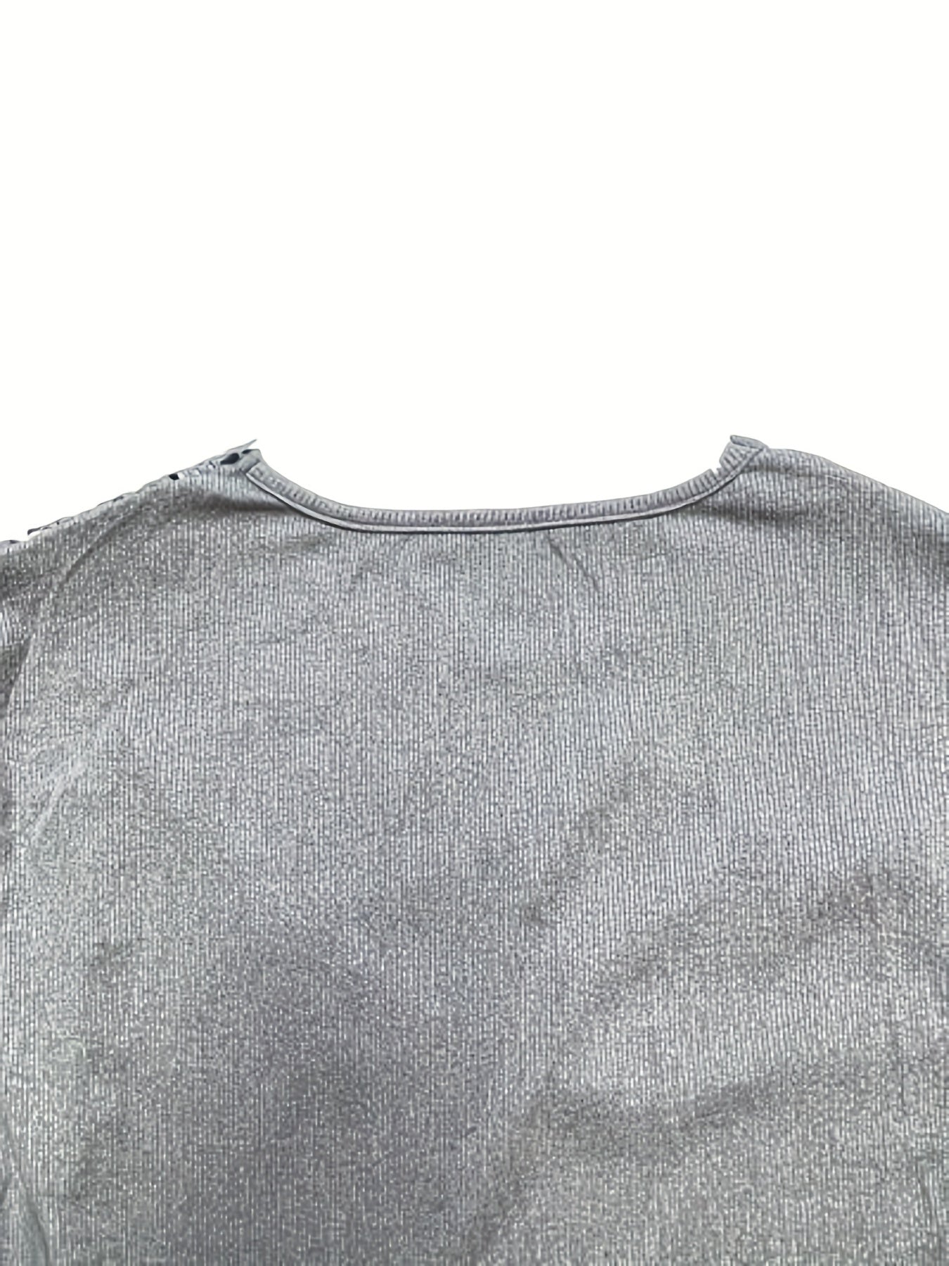 Casual Top, Women's Solid Contrast Lace Bell Sleeve Round Neck Medium Stretch Top
