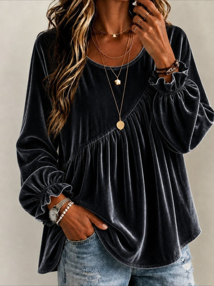 Round Neck Long Sleeve Velvet Blouse with Asymmetric Gathered Detail