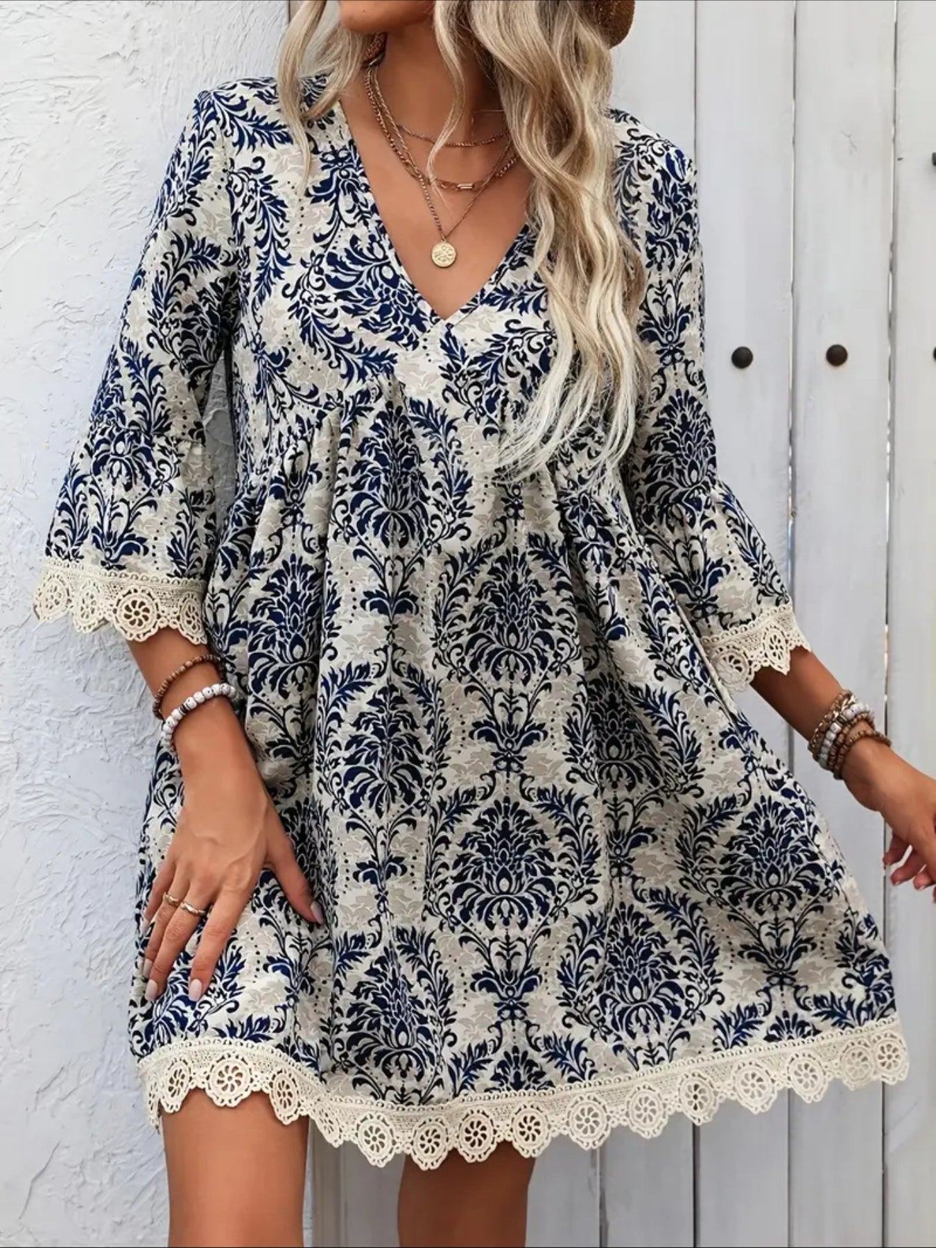 3/4 Sleeve Striped V-neck Trapeze Dress