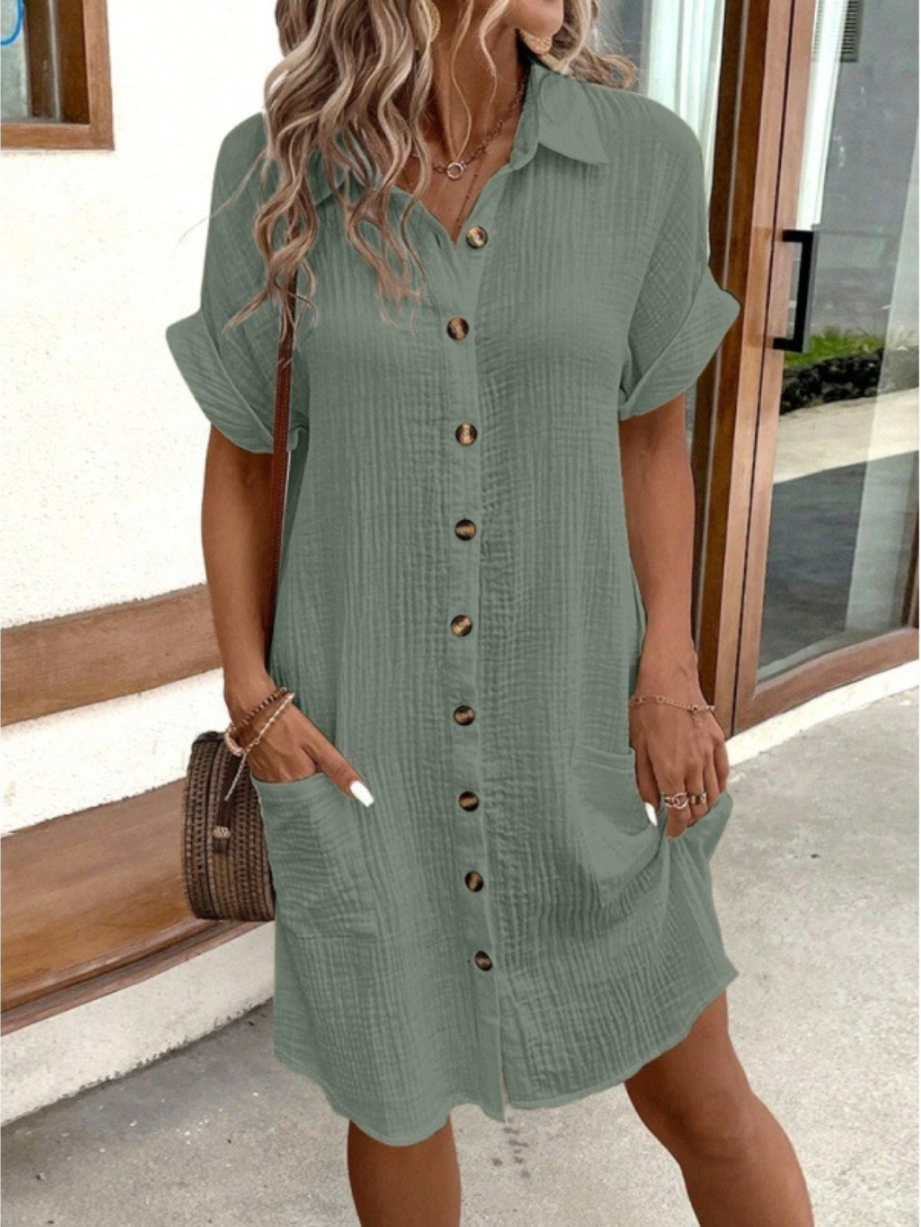 Women's summer new casual solid color single breasted medium long short sleeve loose casual dress