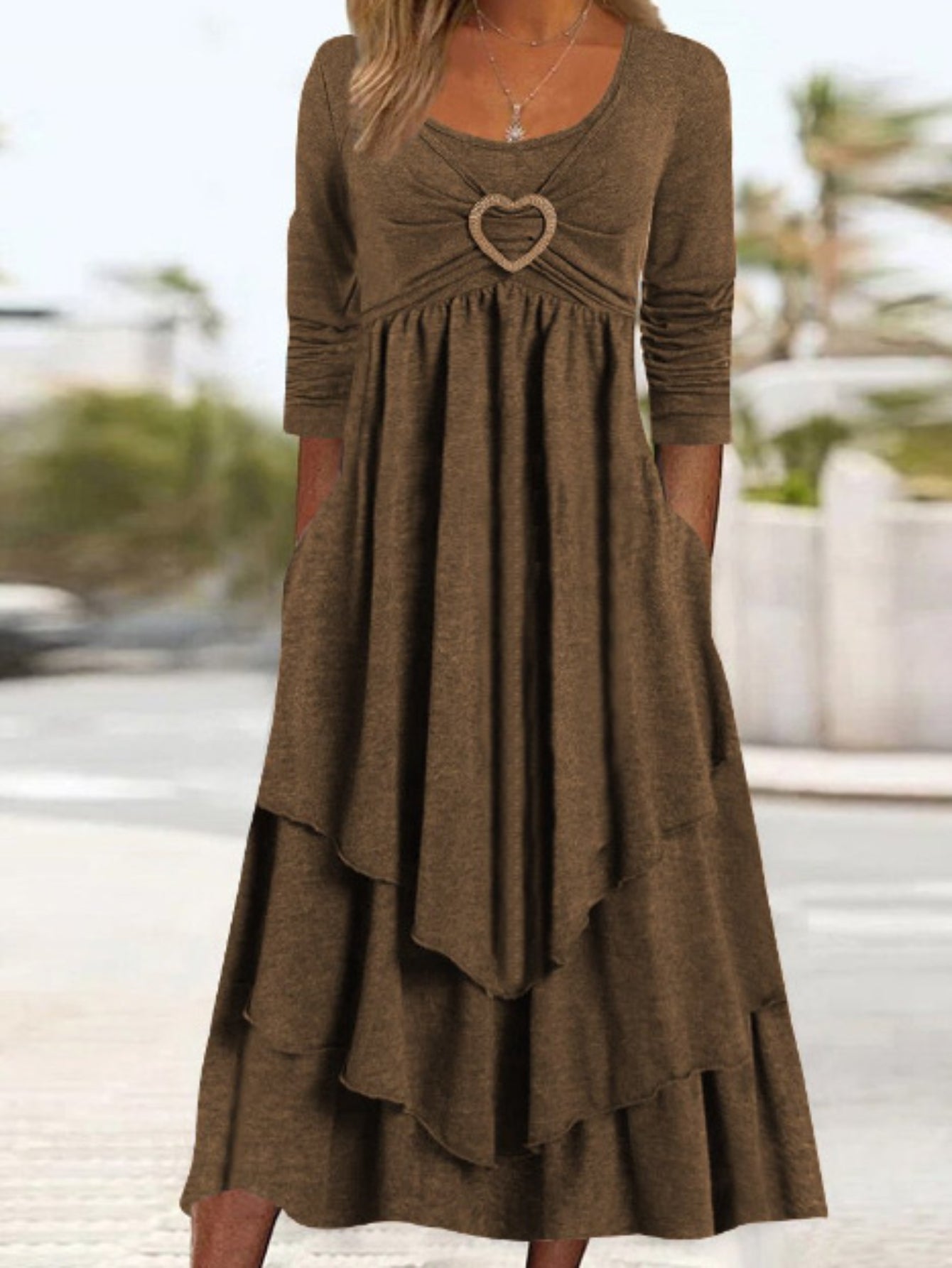 Women's Plain Long Sleeve Layered Heart Ring Decor Round Neck Maxi Dress