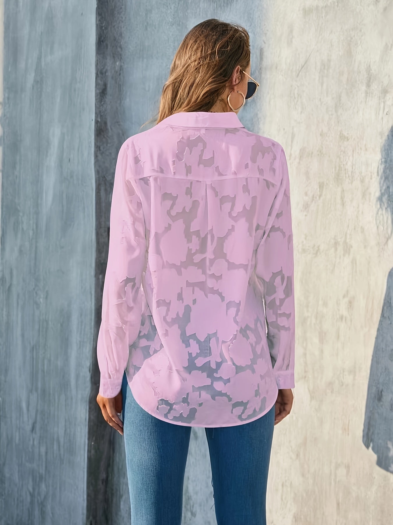 Jacquard Button Up Sheer Loose Blouse, Elegant Long Sleeve Blouse For Spring & Fall, Women's Clothing