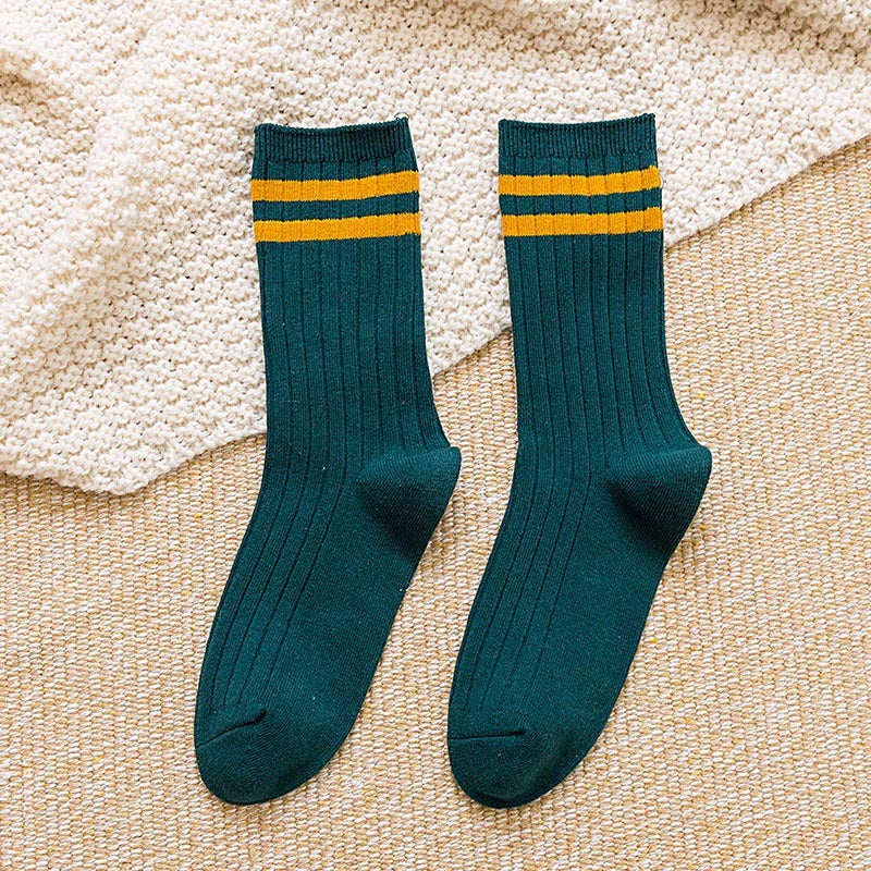 5/10 Pairs Solid Patched Stripes Crew Socks, Basic Sports Business Stockings