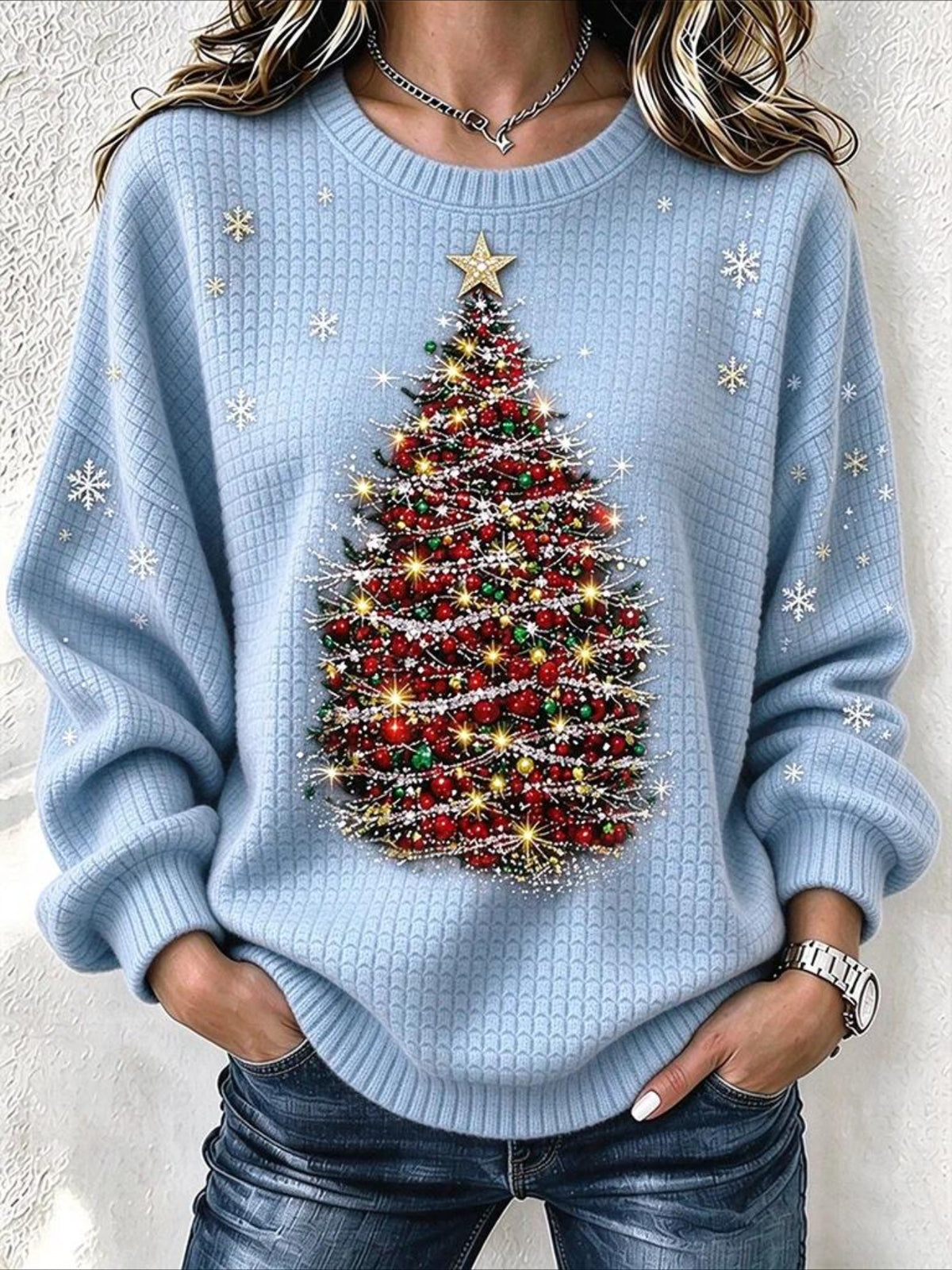 Regular Fit Crew Neck Christmas Tree Casual Sweatshirt