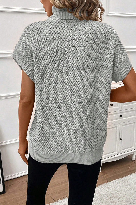 Light Grey Turtleneck Textured Short Sleeve Sweater