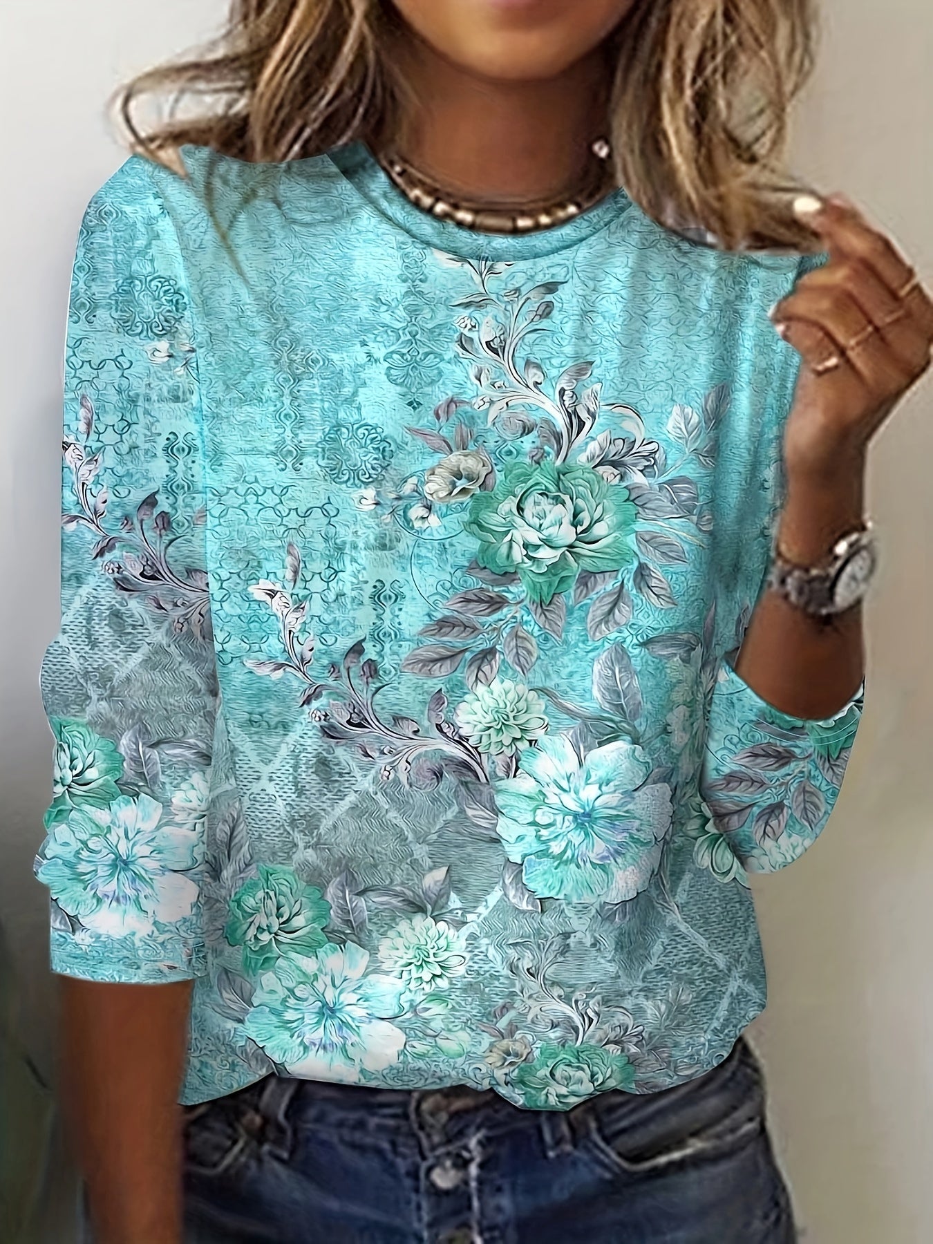 Long Sleeve Crew Neck Regular Fit Elegant Printed Floral Design T-Shirt