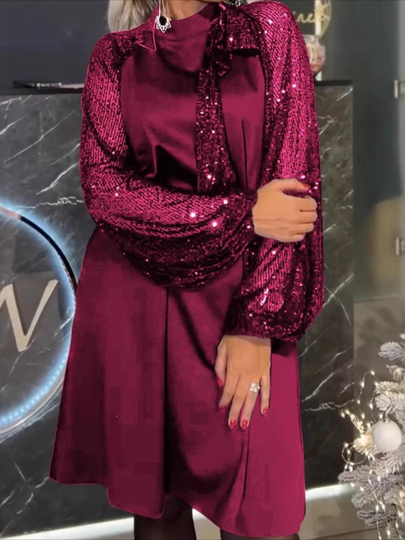 Long Sleeve Spring/Fall Red Plain Split Joint Crew Neck Vintage A-Line Sequin Midi Dress