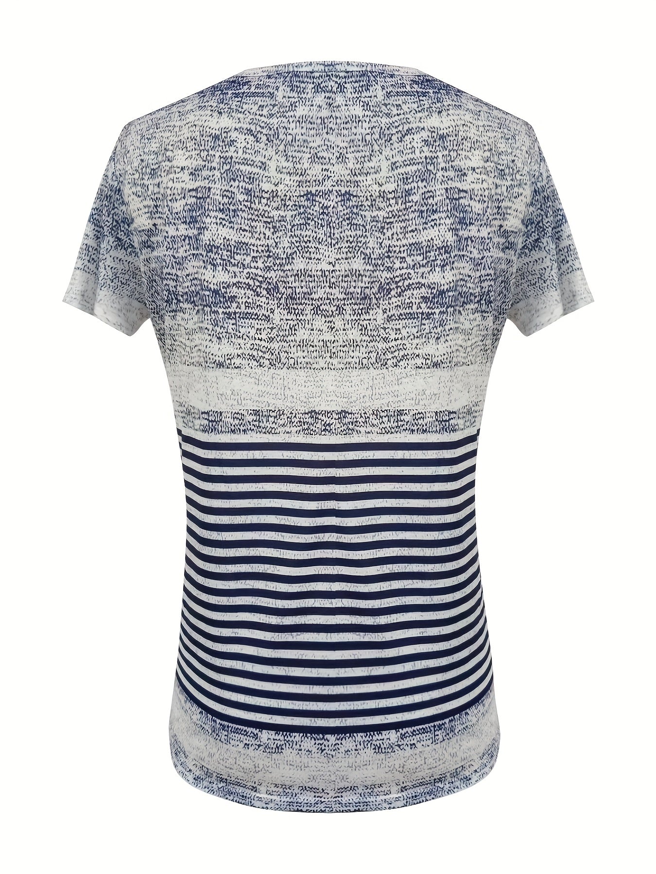 Elegant Striped V-Neck Short Sleeve White & Gray Geometric Pattern T-Shirt