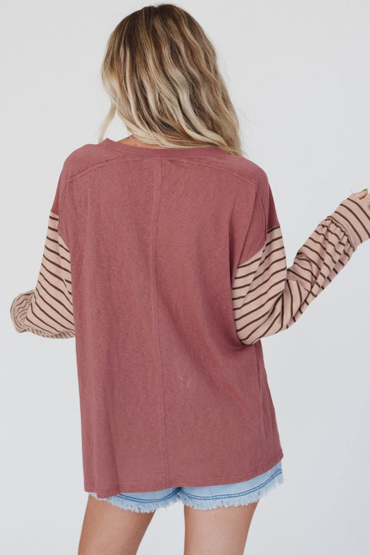 Fiery Red Colorblock Striped Bishop Sleeve Top
