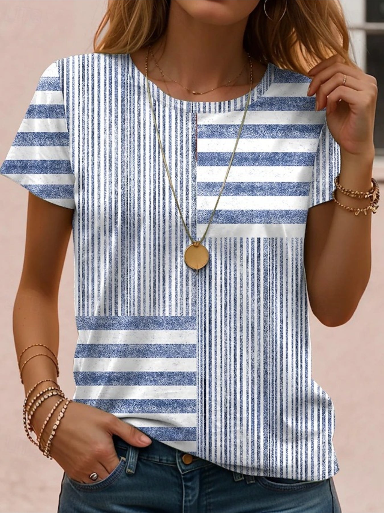 Print Graphic Geometric Striped Vintage Stylish Classic Short Sleeve Crew Neck Regular Tops