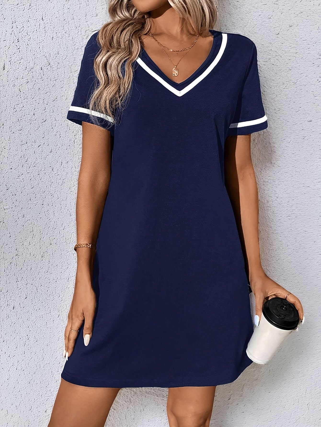Women's Color Block Knit Dress - V-Neck, Braided Detail