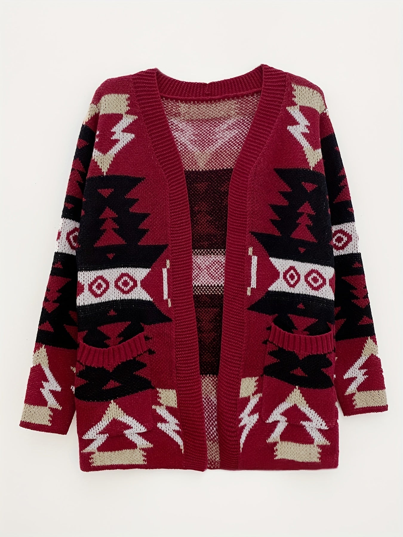 Stylish Women's Long Sleeve Ethnic Pattern Open Front Pocket Cardigan for Casual Wear