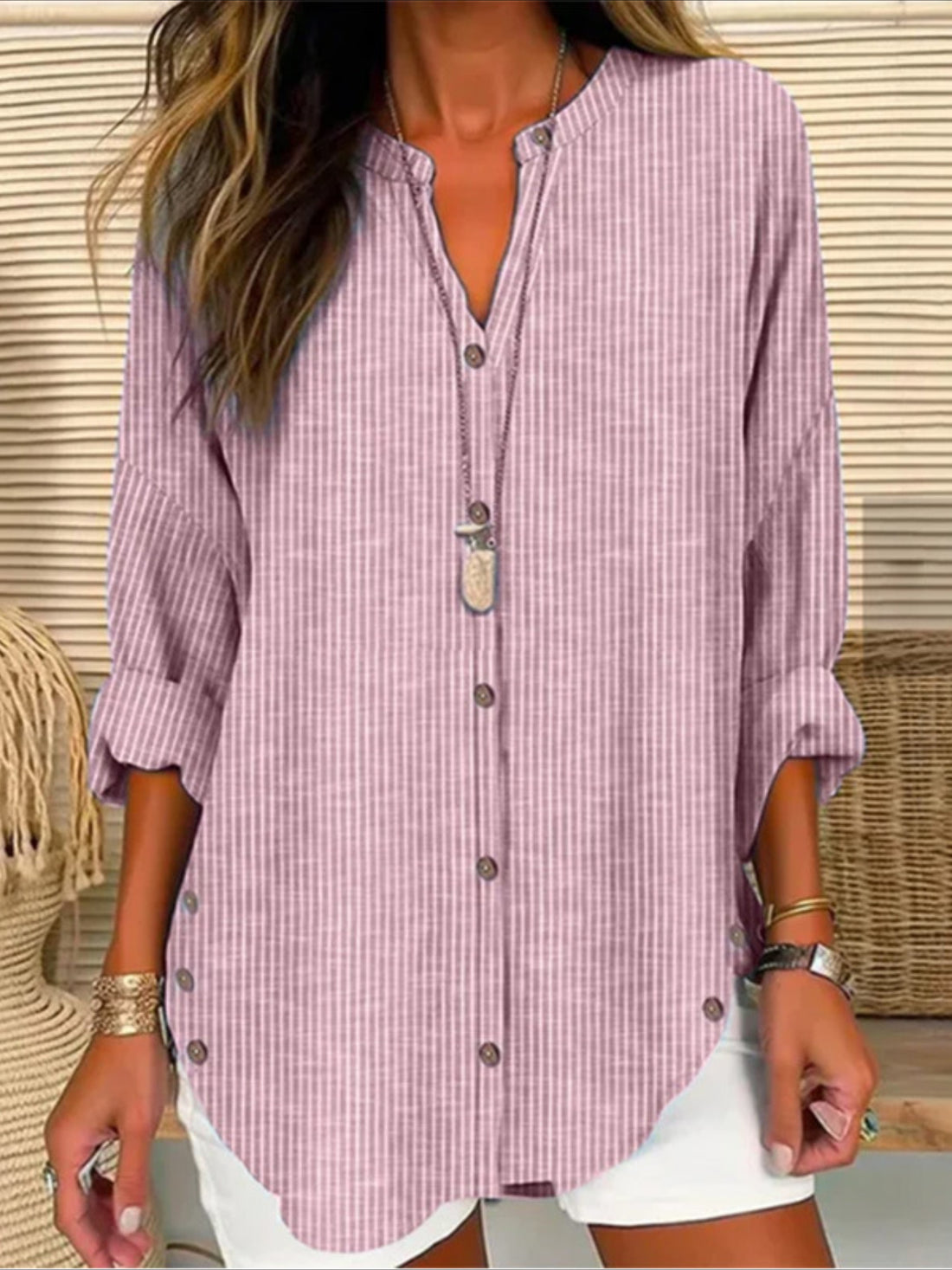 Women's Stripe Print Button Front Blouse - Casual Long Sleeve Top