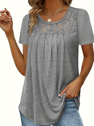 Women's Contrast Lace Ruched T-Shirt - Casual Short Sleeve Top