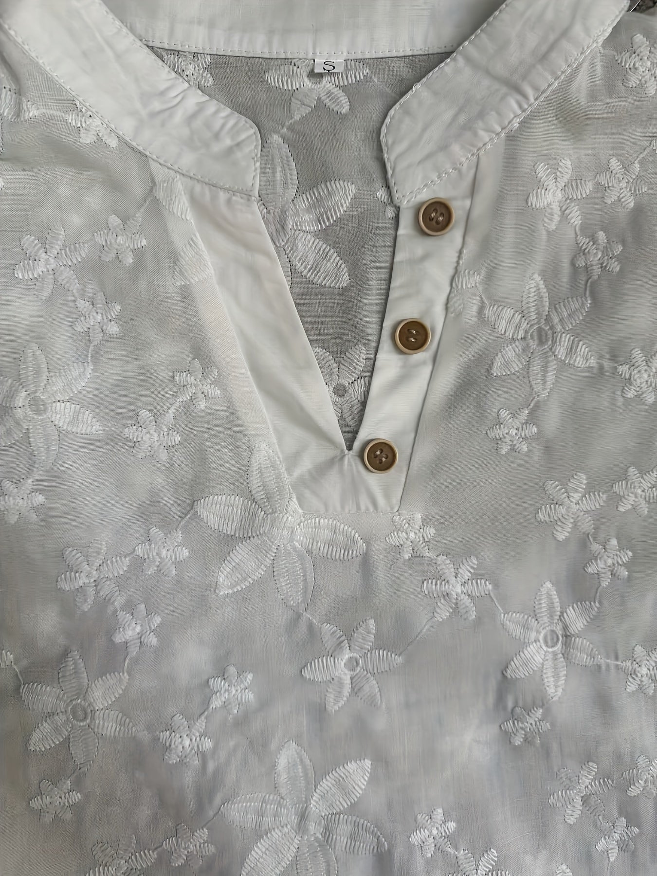 V-Neckline Comfortable Short Sleeves Classic Button Front Closure Relaxed Fit Embroidered Blouse