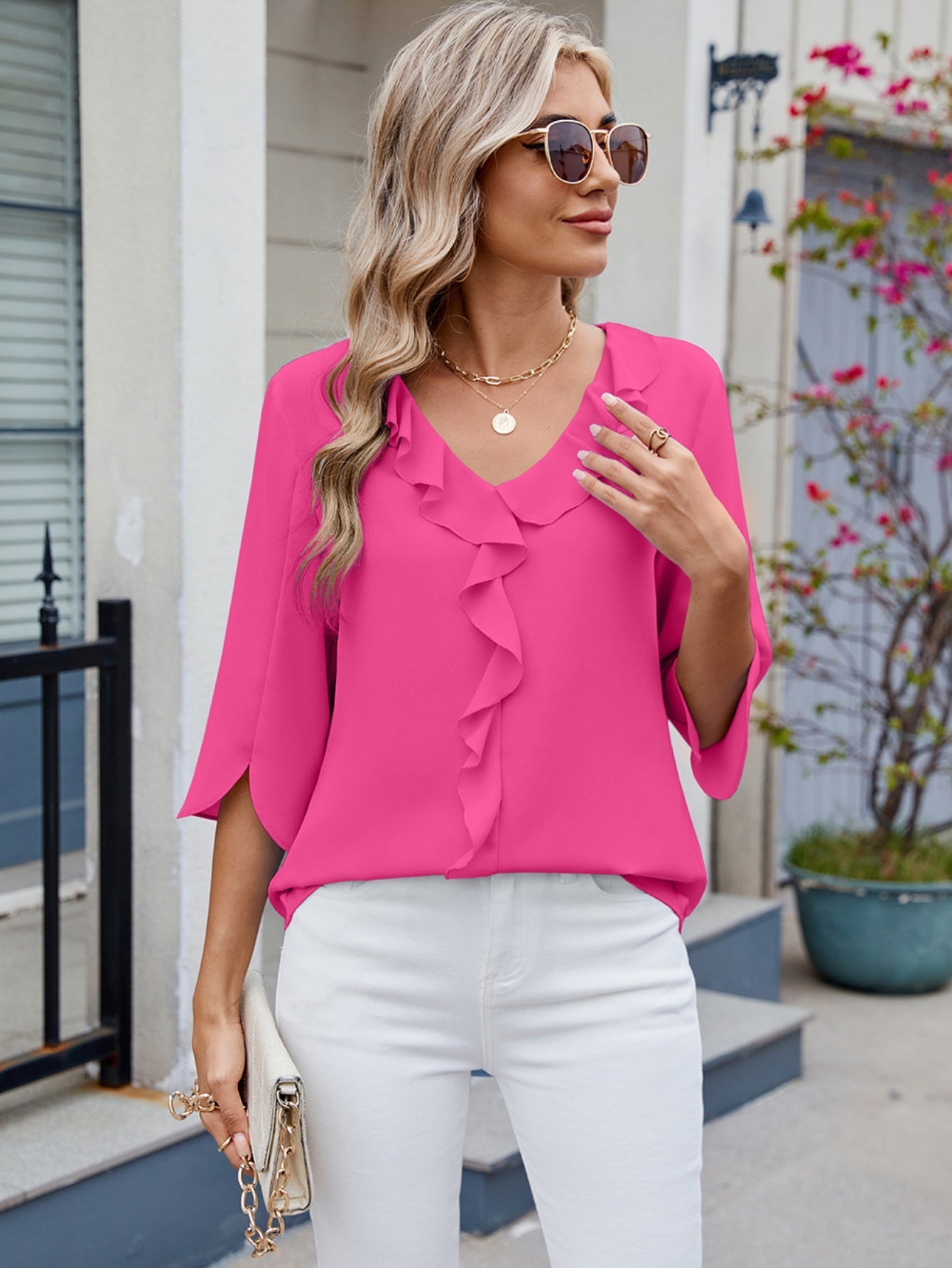 Tooluck Womens Dressy Casual Blouses 3/4 Sleeve V Neck Ruffle Tops