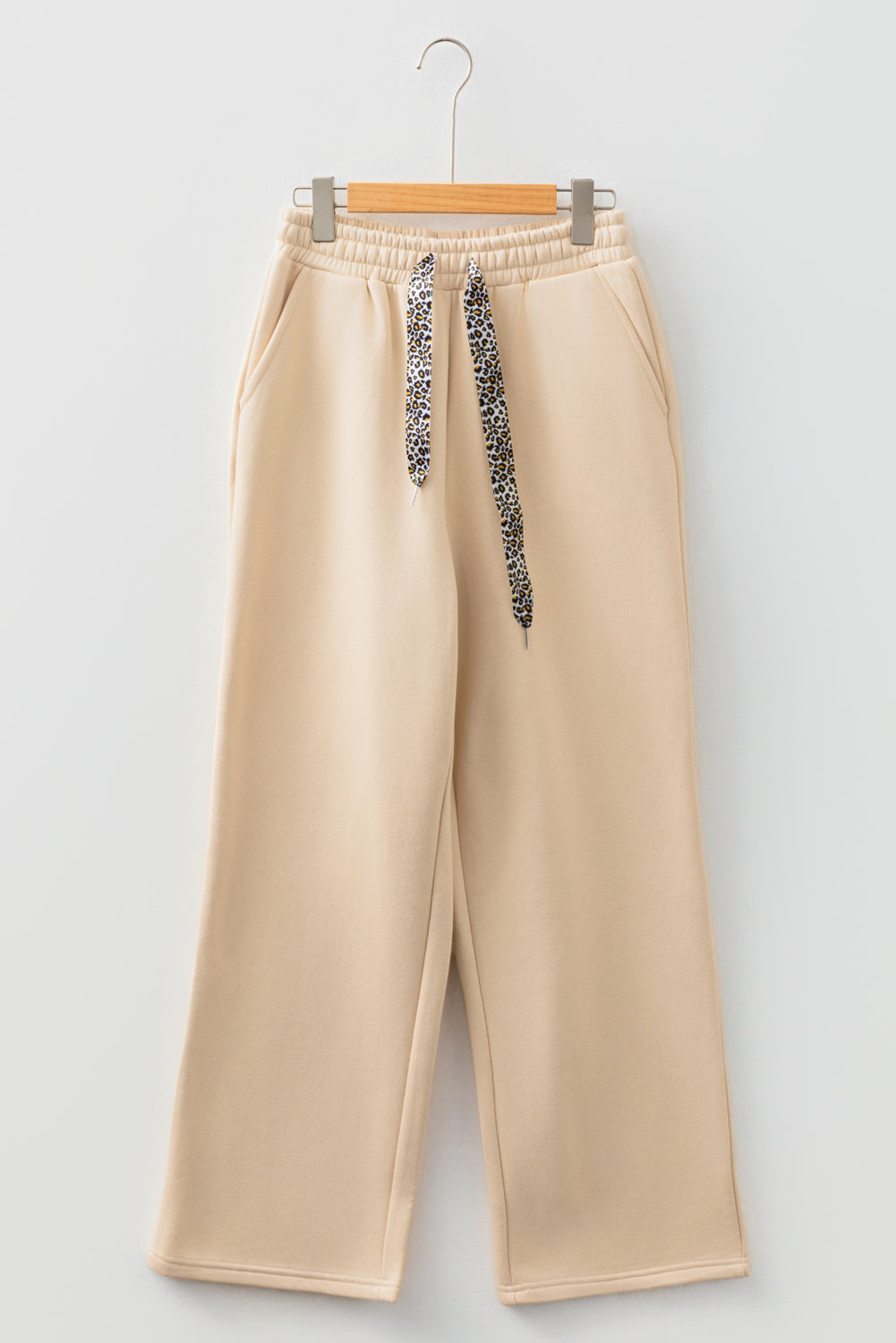 Oatmeal Fleece Lined Leopard Drawstring Elastic Waist Solid Pants