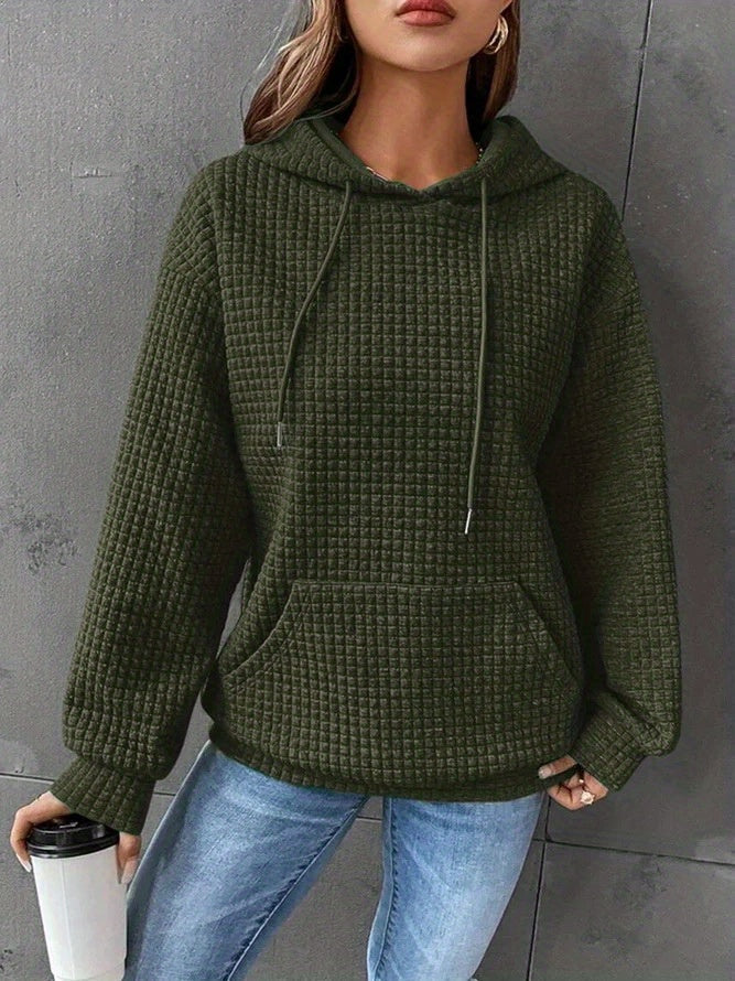 Waffle Grid Kangaroo Pocket Hoodie, Casual Long Sleeve Drawstring Hoodies Sweatshirt