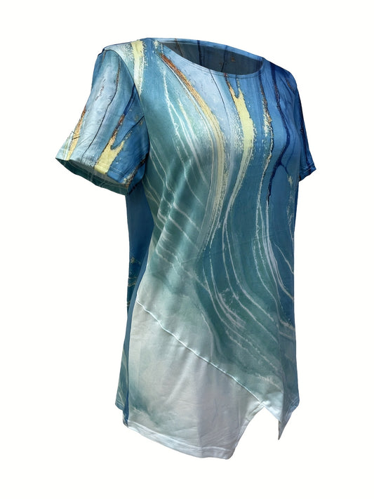 Casual T-shirt, Women's Allover Print Short Sleeve Round Neck Medium Stretch Tee