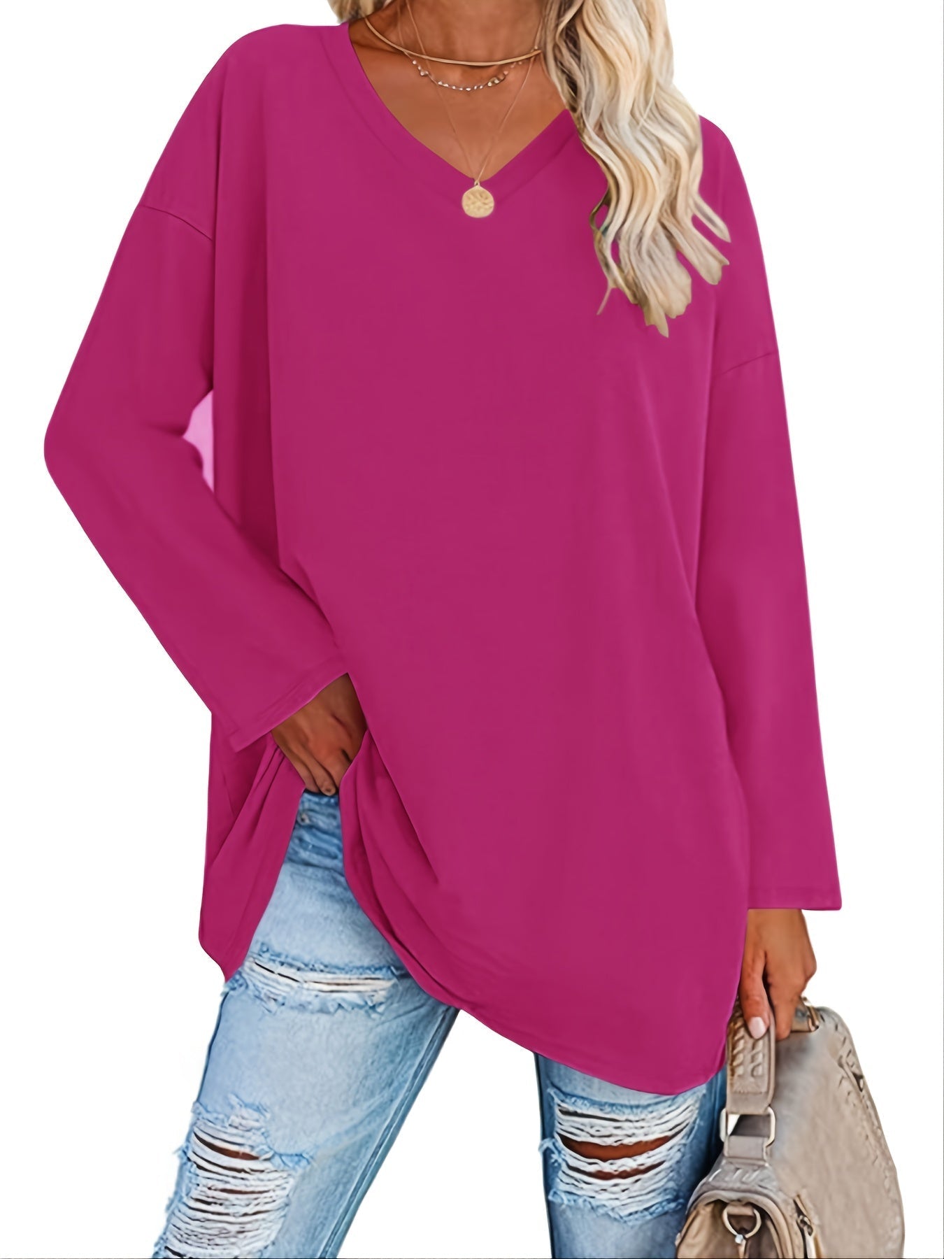 Women's Solid Color Oversized Tops, V-Neck Long Sleeve T-Shirts, Casual Loose Shirts