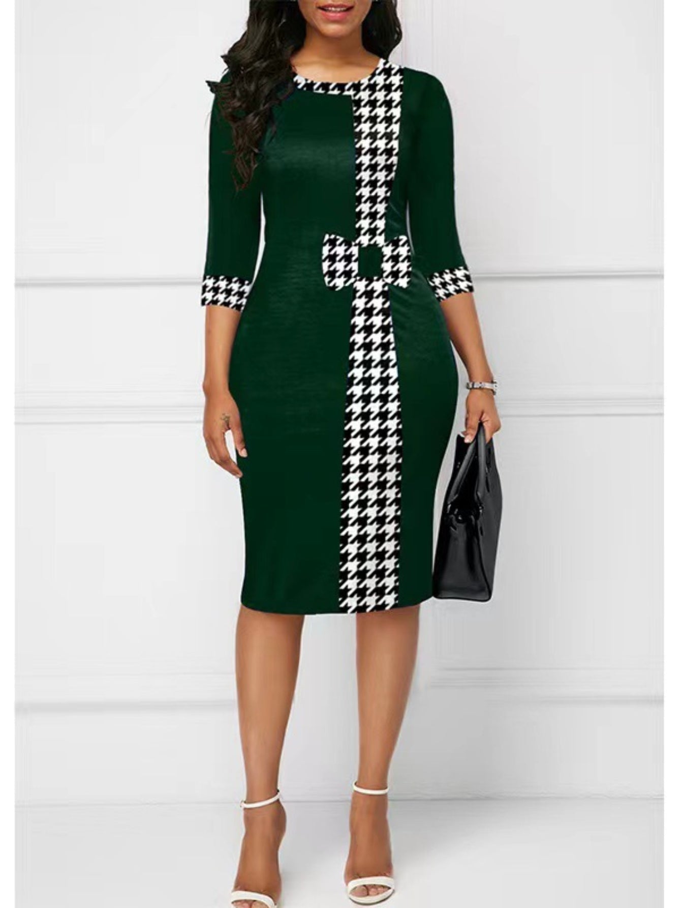 Color Block Bow Bodycon Dress, Elegant Crew Neck Long Sleeve Dress For Work & Office