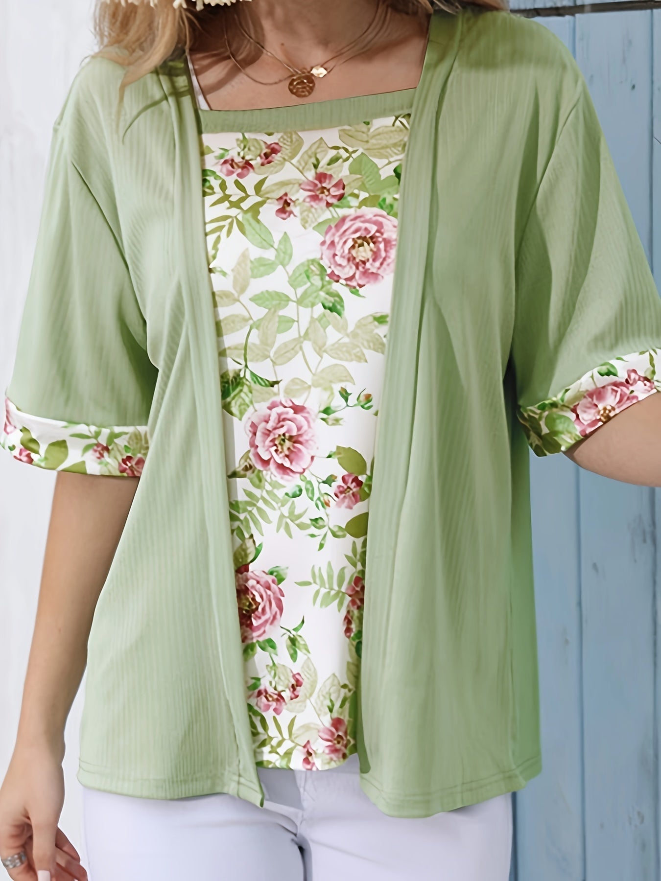 2-in-1 Floral Print T-shirt, Half Sleeve Square Neck Casual Top