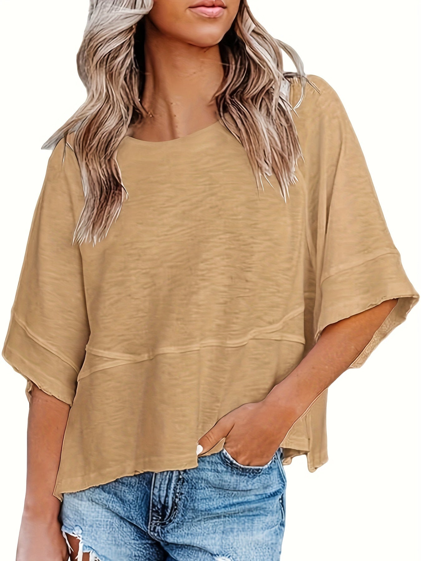 Solid Crew Neck Loose Basic T-shirt, Casual Half Sleeve T-Shirt