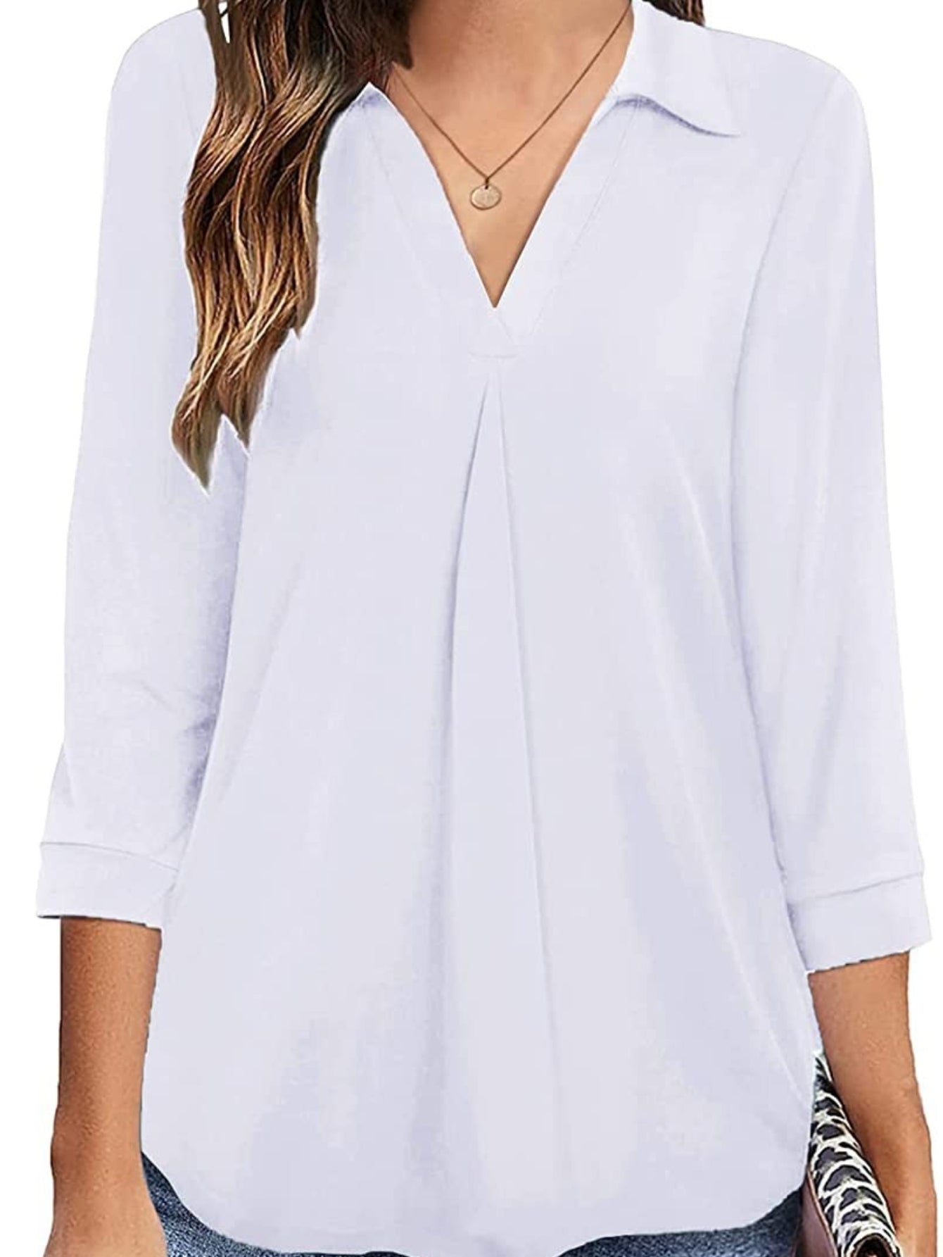 Solid V-neck Blouse, Casual 3/4 Sleeve Blouse
