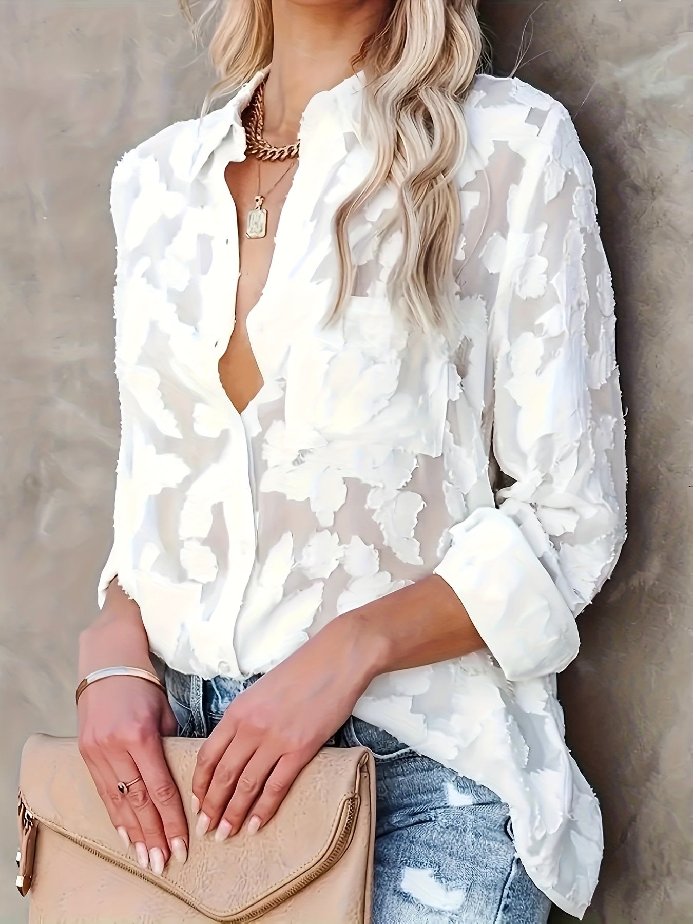 Jacquard Button Up Sheer Loose Blouse, Elegant Long Sleeve Blouse For Spring & Fall, Women's Clothing