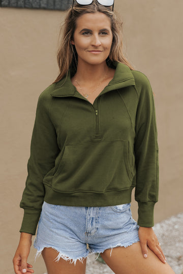 Green Zip Up Stand Collar Ribbed Thumbhole Sleeve Sweatshirt