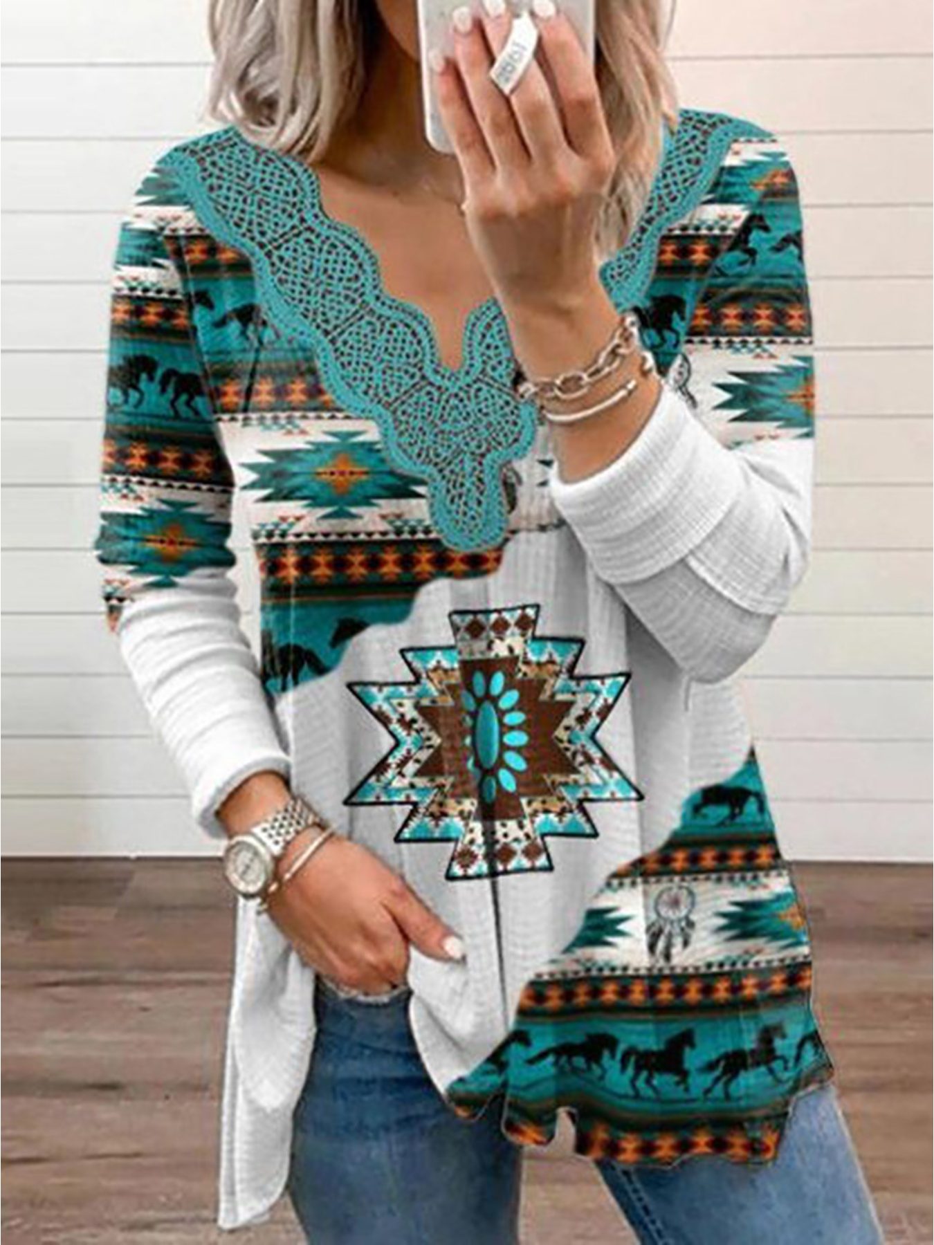 Lace Trim Flared T-shirt, Tribal Print Long Sleeve V Neck Loose T-shirt