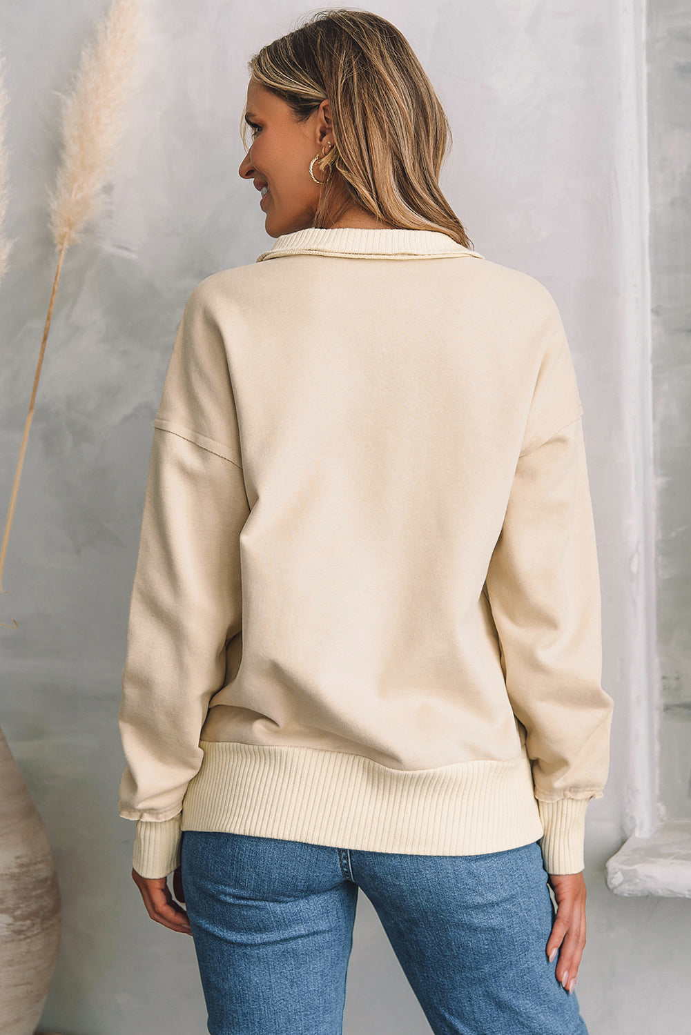 Khaki Ribbed Hem Snap Button Neckline Sweatshirt with Pocket